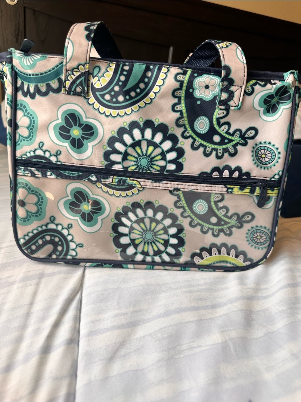 Thirty-One Paisley Floral Tote in Teal, Navy, and Cream